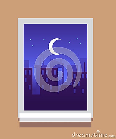 Night city in window frame. Dark sky with building silhouettes from inside flat view Vector Illustration