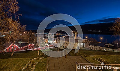 night cityscape of Egilsstadir city,East of Iceland with lensflare Stock Photo
