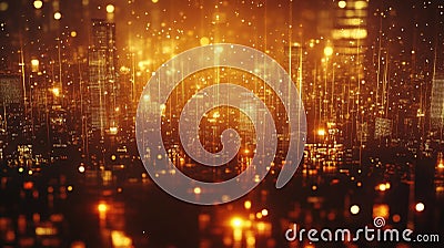 A night cityscape lit by ethereal data rain where streams of information cascade down emphasizing the continuous flow of Stock Photo