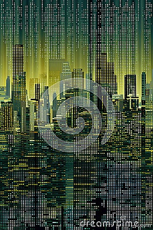 Night cityscape with skyscrapers and binary code. Vector illustration. Cartoon Illustration