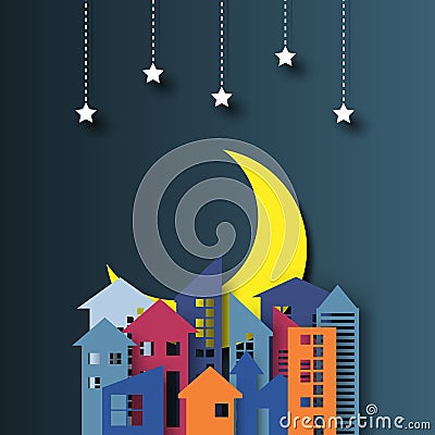 Night cityscape ,stars and half moon Vector Illustration