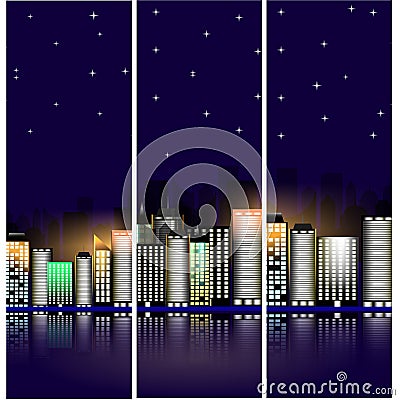 Night cityscape with stars. Modern buildings with bright lighting. Banner. Cartoon Illustration