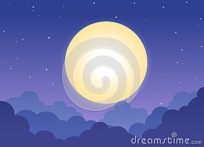 Night cloudy sky background with full moon and shining stars Cartoon Illustration