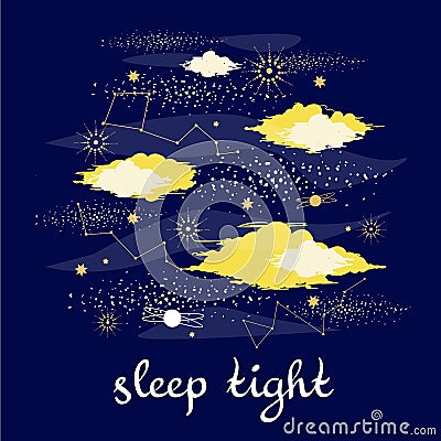 Night clowds print sleep tight with stars Vector Illustration