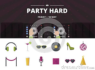 Night club cocktail party, disco music icon set, vector flat Vector Illustration