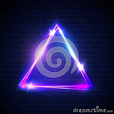 Night club neon light triangle on brick wall. Vector Illustration