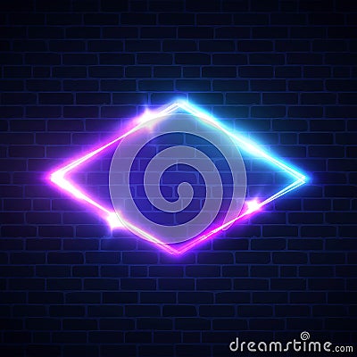 Night club neon light rhombus frame on brick wall. Vector Illustration