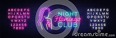 Night Club Neon Logo Vector. Flamingo neon sign concept, design template, modern trend design, night neon signboard Vector Illustration