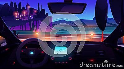 Night coast car ride to village island landscape Vector Illustration