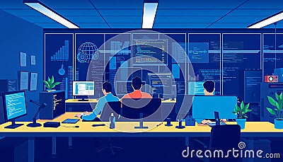 Night coding session with programmers, software development and tech workspace Generative AI Stock Photo