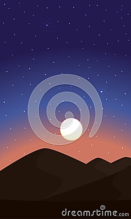 Night colorful desert. Stars and moon on desert Vector Illustration