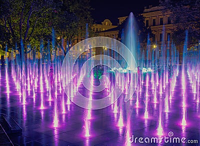 Night colorful fountain show in Lublin park Editorial Stock Photo