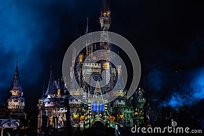 Night colour projections on Cinderella Castle from Halloween party Editorial Stock Photo