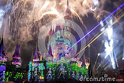 Night colour projections on Cinderella Castle from Halloween party Editorial Stock Photo