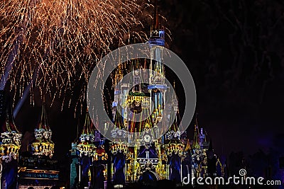Night colour projections on Cinderella Castle from Halloween party Editorial Stock Photo