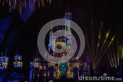 Night colour projections on Cinderella Castle from Halloween party Editorial Stock Photo