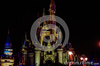 Night colour projections on Cinderella Castle Editorial Stock Photo
