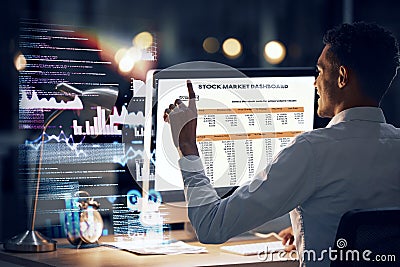 Night computer, stock market hologram and man with crypto finance chart, bitcoin dashboard hud or NFT statistics Stock Photo