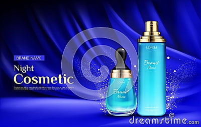 Night cosmetic beauty cream bottles ad banner Vector Illustration