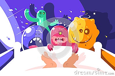 Night cute monsters bother sleeping in bed Vector Illustration