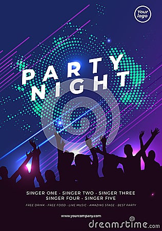 Night dance party music club poster template. Party event flyer invitation. Vector Illustration