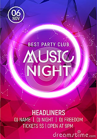 Night dance party music night poster template. Electro style concert disco club party event flyer invitation Vector Illustration