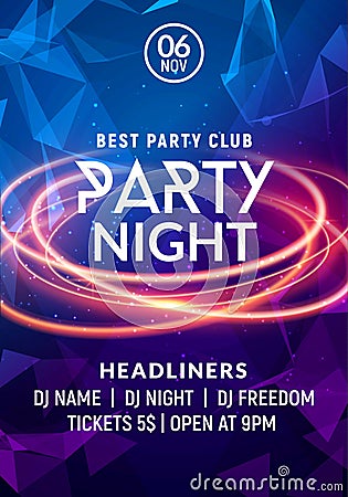 Night dance party music night poster template. Electro style concert disco club party event flyer invitation Vector Illustration