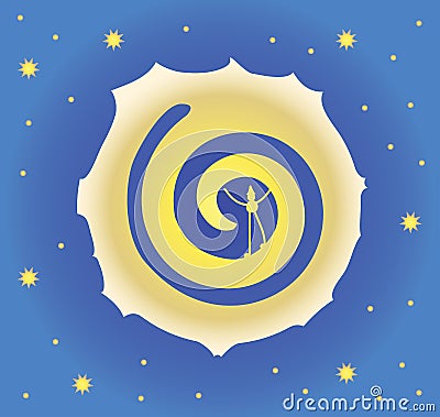 A big moon in the night starry sky. Yellow stars, a dark blue sky. Man in the moon. Vector illustration Stock Photo