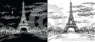 Night and day landscape with Eiffel tower in black and white Vector Illustration