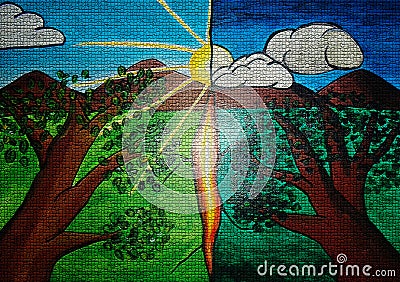 Night and day painting on canvas created background design Editorial Stock Photo