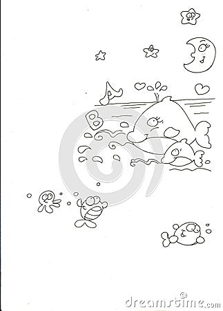 Night day whale chine coloring for kids Stock Photo