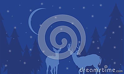 At night deer scenery winter of silhouettes Vector Illustration