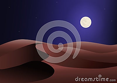 Night desert with dunes, moon and stars Vector Illustration