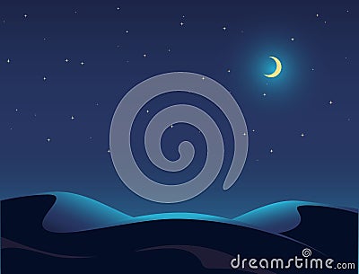 Night Desert Landscape Illustration, Starry Sky, Moon, Dune Vector Illustration