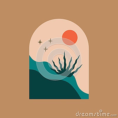 Night desert landscape magic meditative scene, earth day environmental concept, vector illustration. Icon or poster and Vector Illustration