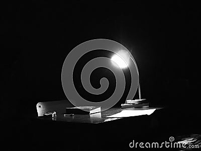 Night, desk, poet, book. Stock Photo