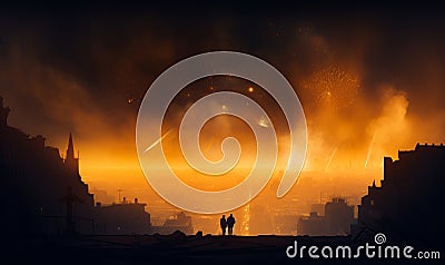 Night destruction apocalyptic explosion. War city disaster. Generative AI Stock Photo