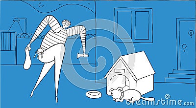 At night the dog is sleeping and the thief is trying to enter the house by walking on his toes. Vector illustration Vector Illustration