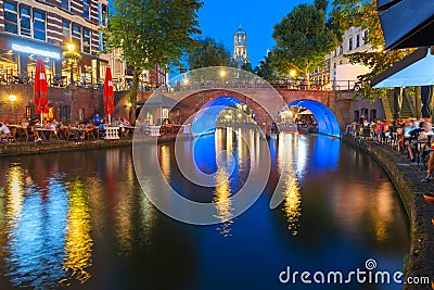 Night Dom Tower and bridge, Utrecht, Netherlands Stock Photo