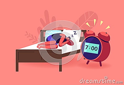 Night Dream, Nap, Bedding Time. Young Man Sleeping on Bed at Home Ignoring Alarm Clock Ringing. Male Character Relaxing Vector Illustration