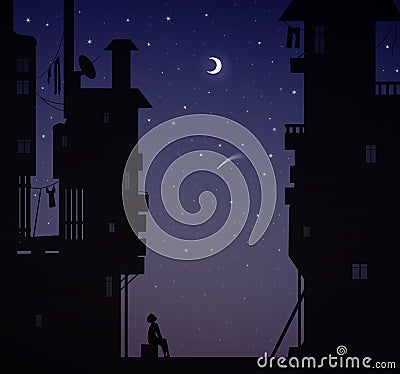 Night dreamer, boy sits near the city houses and look at the stars, dreams Vector Illustration