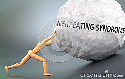 Night eating syndrome and painful human condition, pictured as a wooden human figure pushing heavy weight to show how hard it can Cartoon Illustration