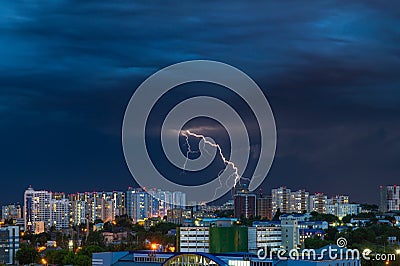 Night evening storm lightnings panorama Kiev Ukraine city Stock Photo