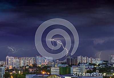 Night evening storm lightnings panorama Kiev Ukraine city Stock Photo