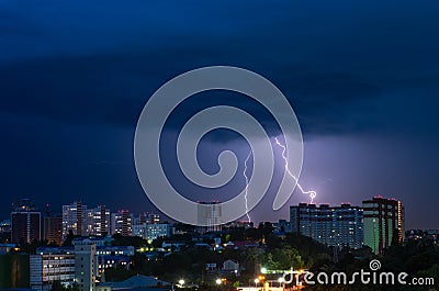 Night evening storm lightnings panorama Kiev Ukraine city Stock Photo