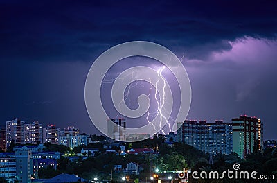 Night evening storm lightnings panorama Kiev Ukraine city Stock Photo