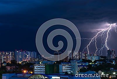 Night evening storm lightnings panorama Kiev Ukraine city Stock Photo