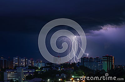 Night storm lightnings panorama Kiev Ukraine city Stock Photo