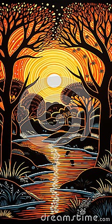 Night Faerie Painting: Linocut Print Style With Ndebele Art And Chrome Reflections Cartoon Illustration