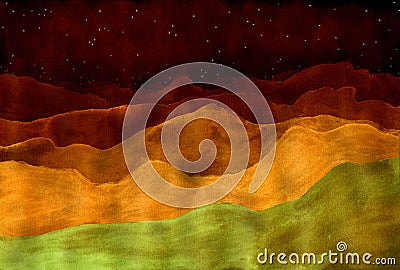 Night fantastic mountain landscape. The orange and green ridges fade away against the orange starry sky Stock Photo